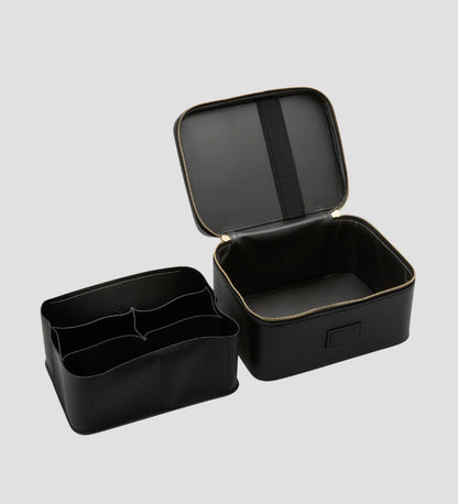 Etoile Vanity Case Black with open lid on a light gray background