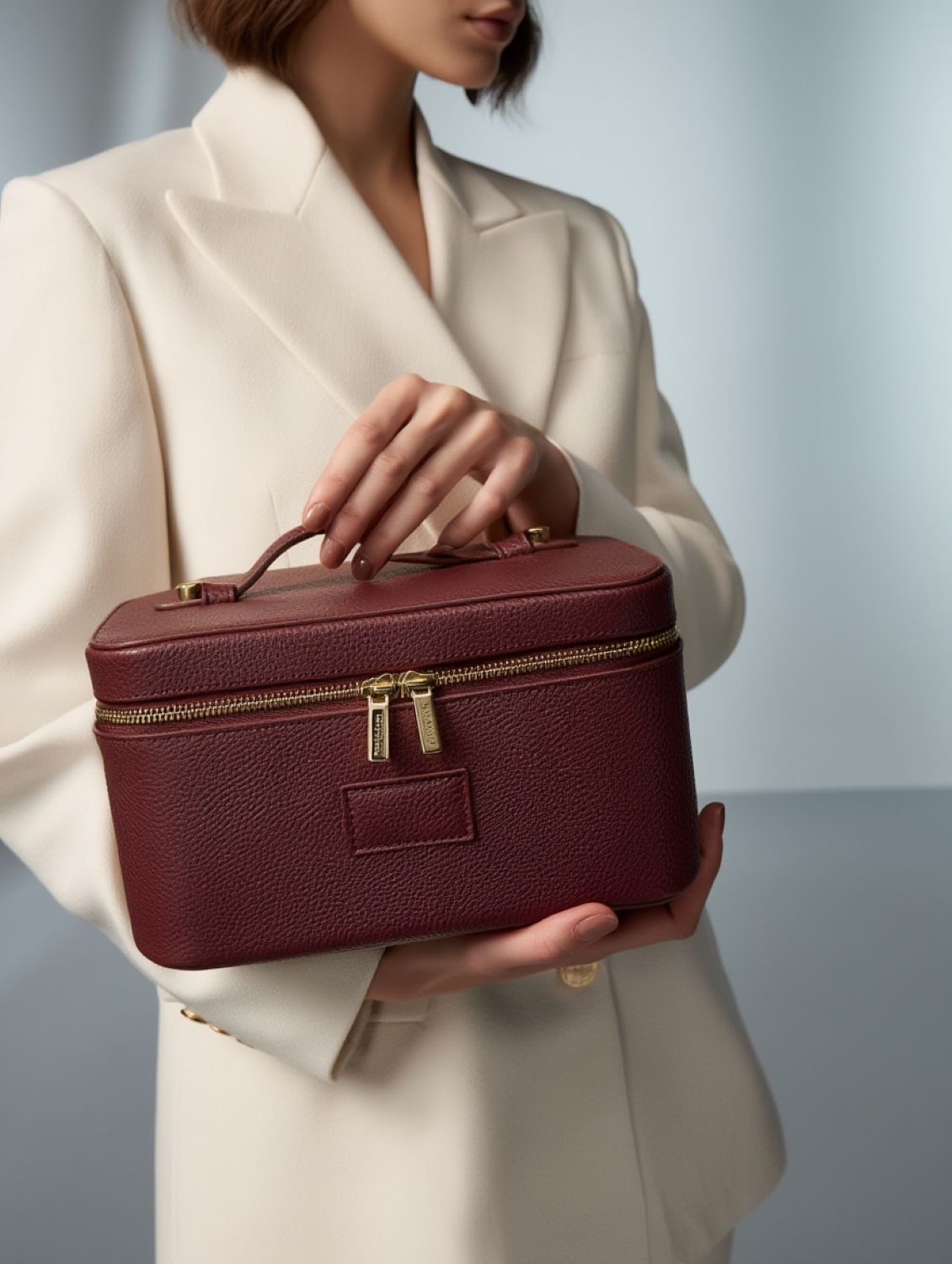 Person holding a Etoile Vanity Case Burgundy with gold zipper against a neutral background