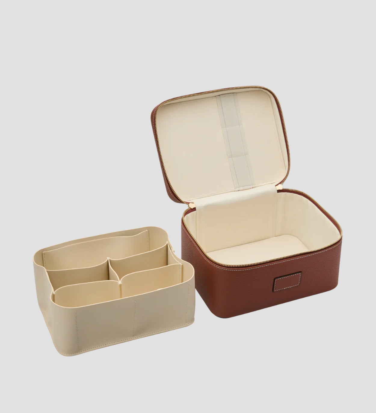 Etoile Vanity Case Ginger Brown interior and compartmentalized tray on a light gray background