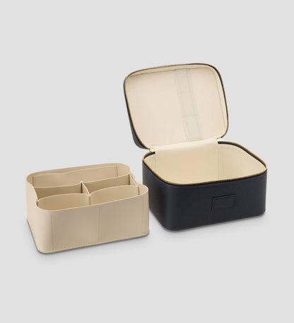 Open Etoile Vanity Case Navy with compartments, on a light gray background.