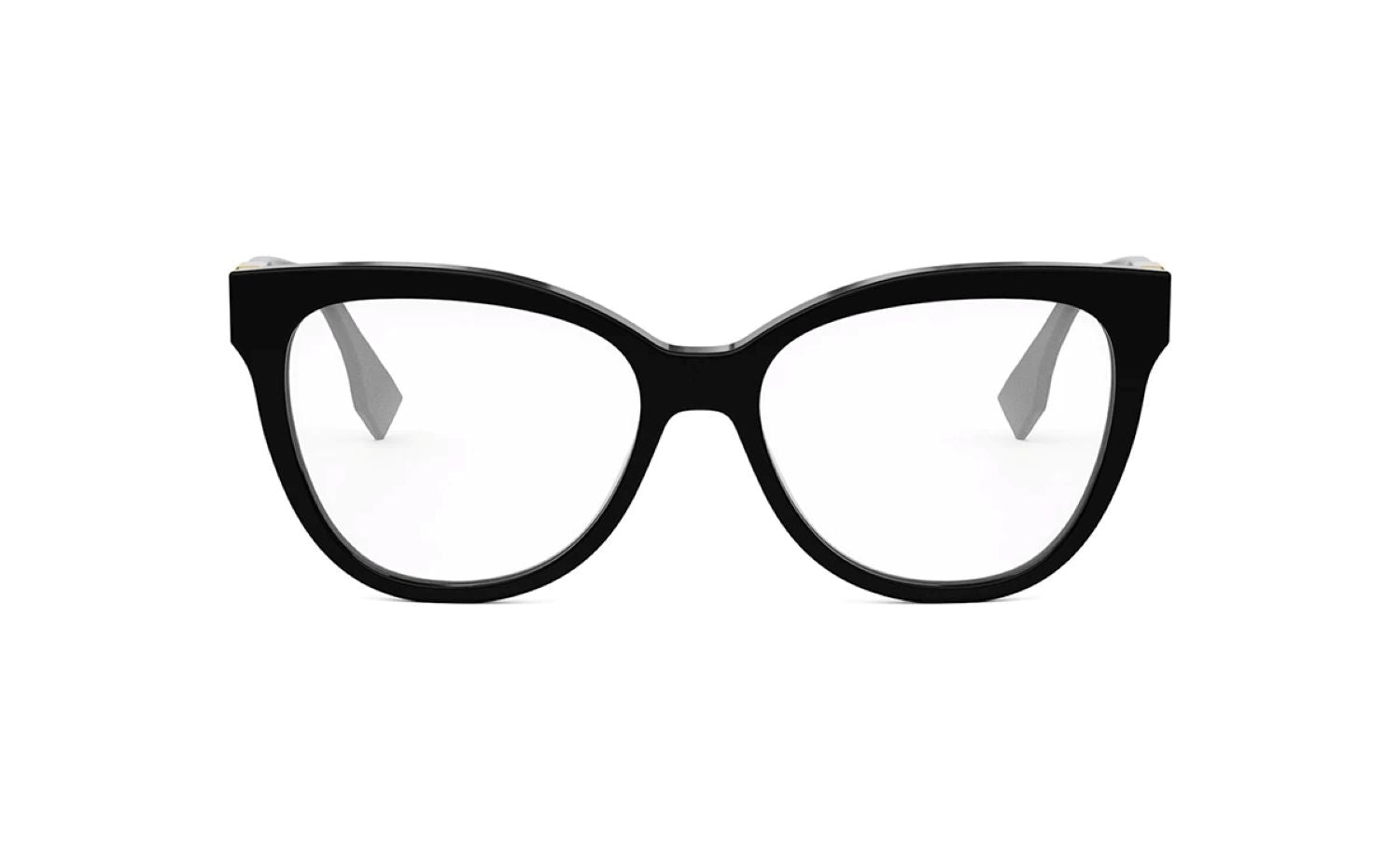 portrait Fendi FE50093I-001 O'Lock Round Black Eyeglasses on a white background