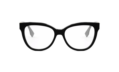 portrait Fendi FE50093I-001 O'Lock Round Black Eyeglasses on a white background