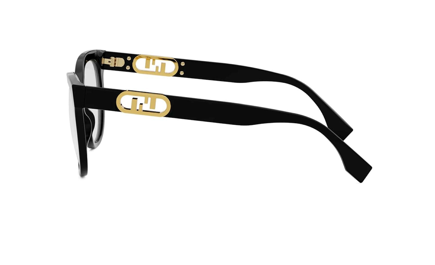 beside Fendi FE50093I-001 O'Lock Round Black Eyeglasses with gold accents on a white background