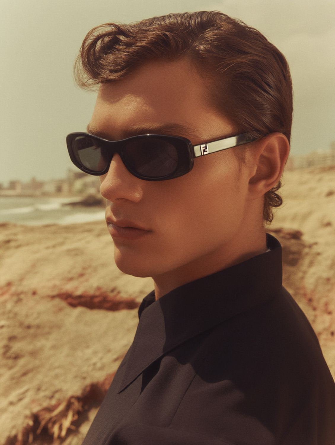 Man wearing Fendi FE40183I 01A — FF Black Oval Sunglasses with a blurred beach background