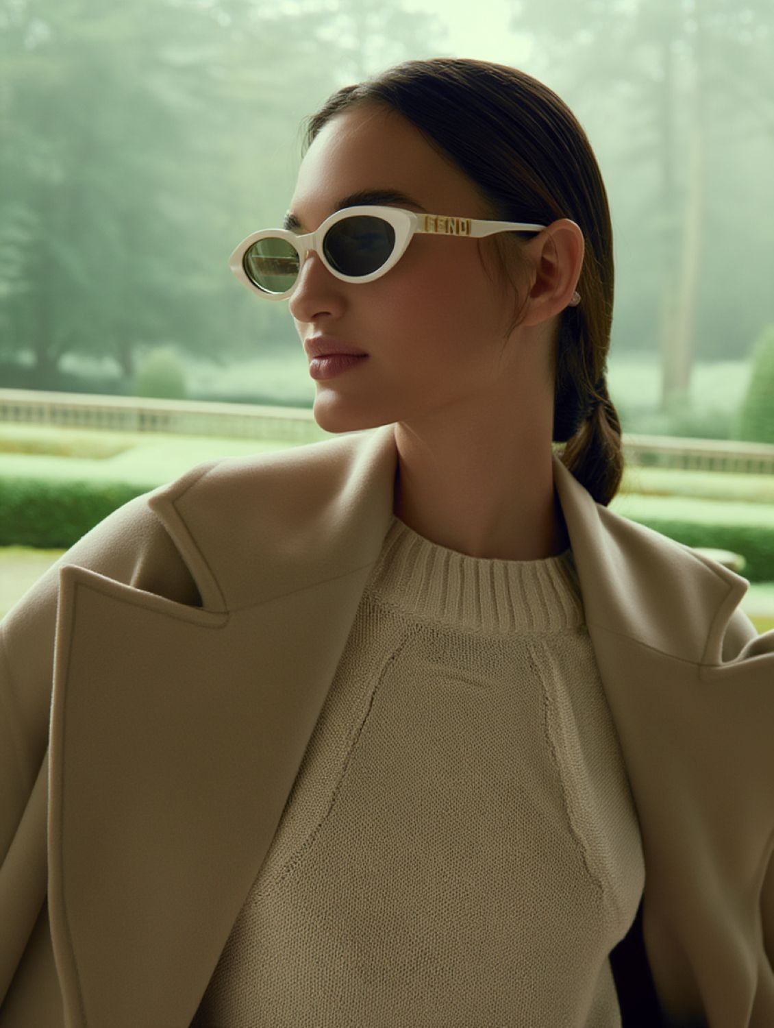 Woman wearing FE40202I 25E — FendiGraphy Cat-Eye Sunglasses with 'FENDI' branding, sitting inside a vehicle.
