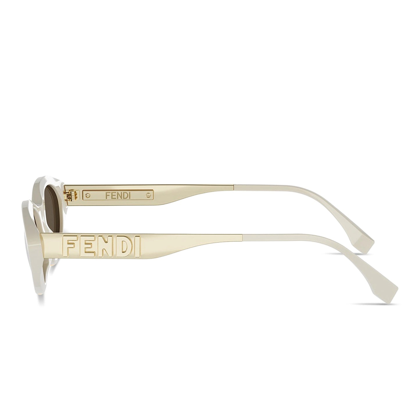 Fendi FE40202I 25E — FendiGraphy Cat-Eye Sunglasses with beige frame and white arms on a white background