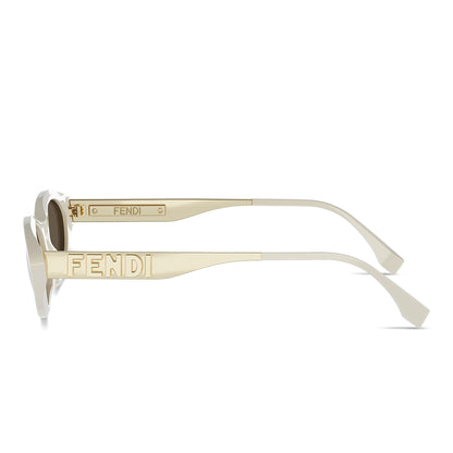 Fendi FE40202I 25E — FendiGraphy Cat-Eye Sunglasses with beige frame and white arms on a white background