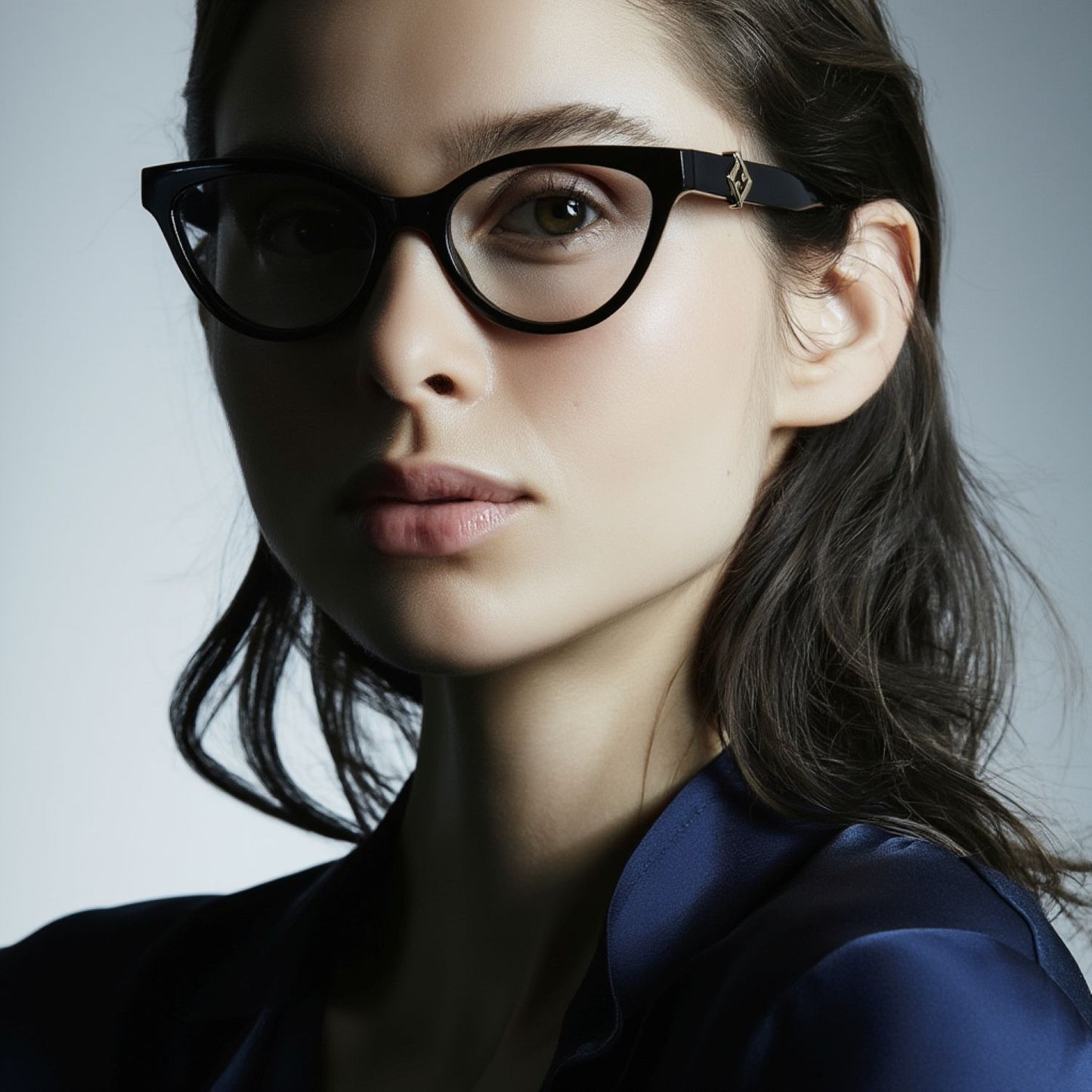 Close-up of a person wearing Fendi FE50134I-001 FF Diamonds Black Eyeglasses with a neutral background