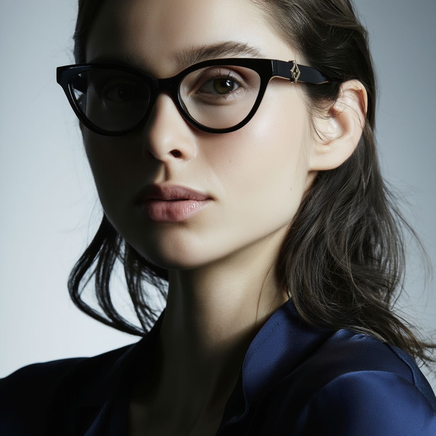 Close-up of a person wearing Fendi FE50134I-001 FF Diamonds Black Eyeglasses with a neutral background