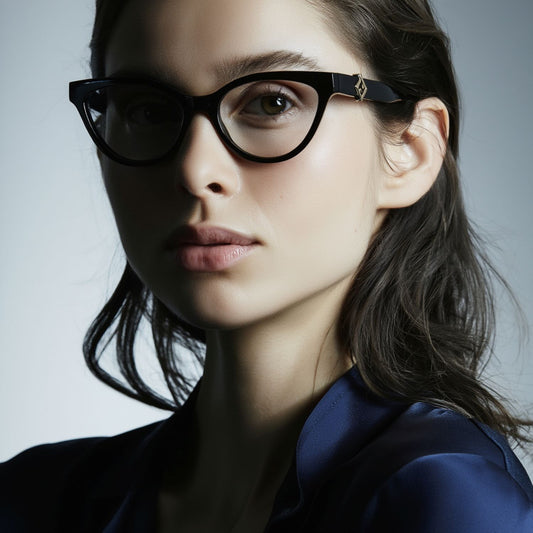 Close-up of a person wearing Fendi FE50134I-001 FF Diamonds Black Eyeglasses with a neutral background