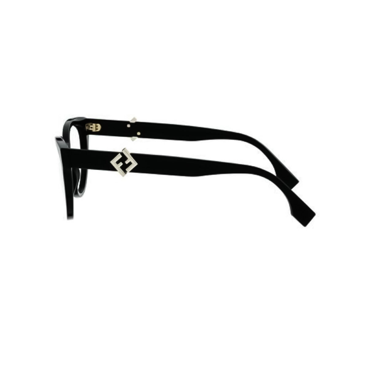 Black eyeglasses with silver accents on a white background