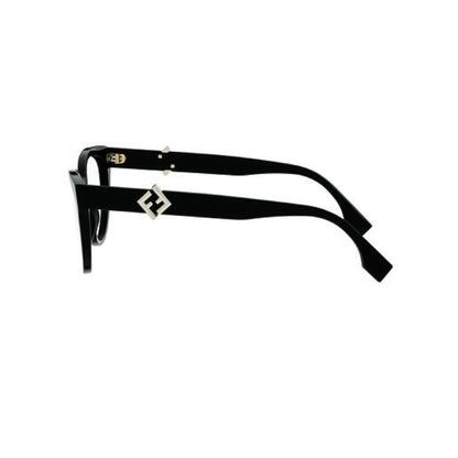 Black eyeglasses with silver accents on a white background