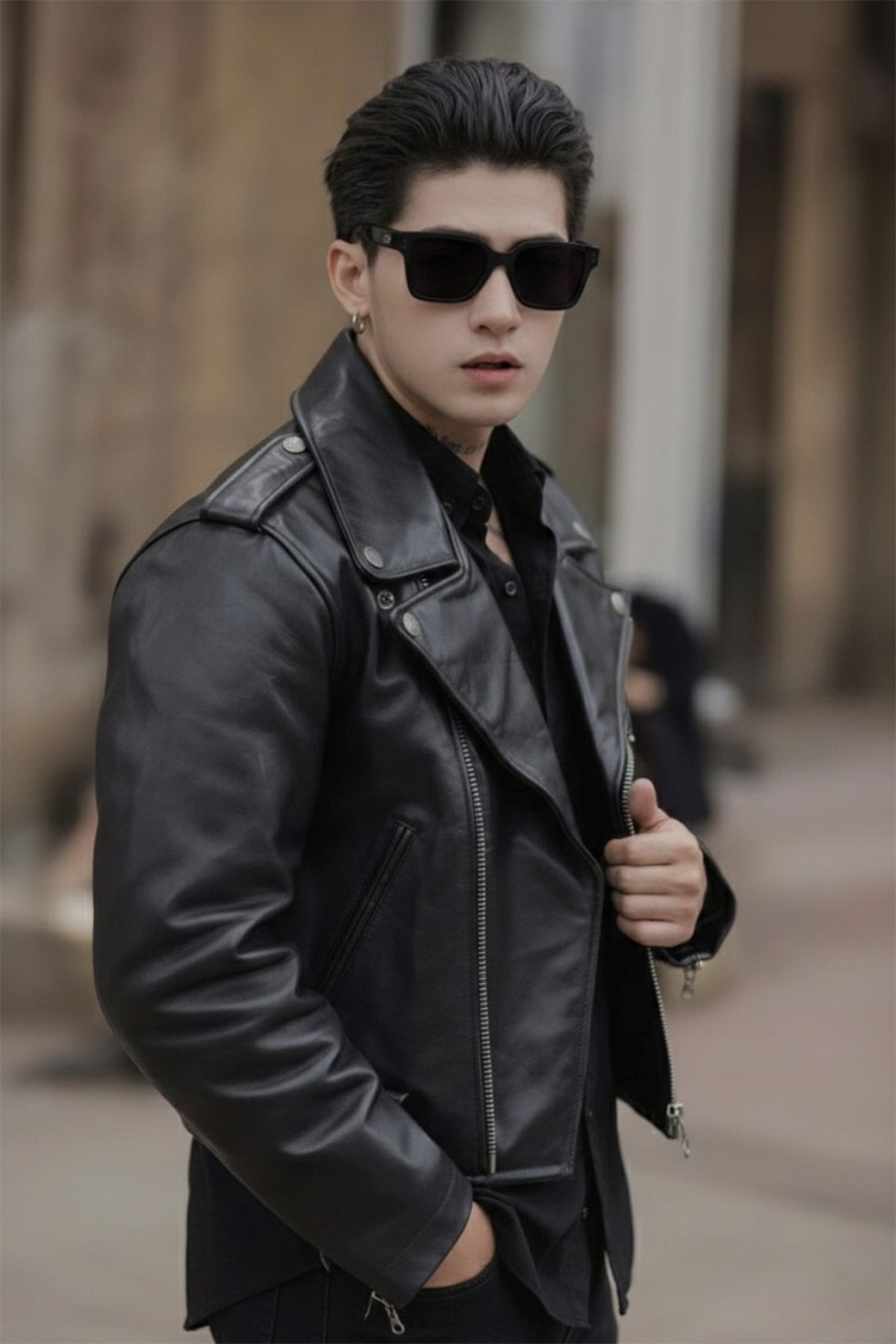 Man wearing a black leather jacket and Gentle Monster Gent 01 in an urban setting