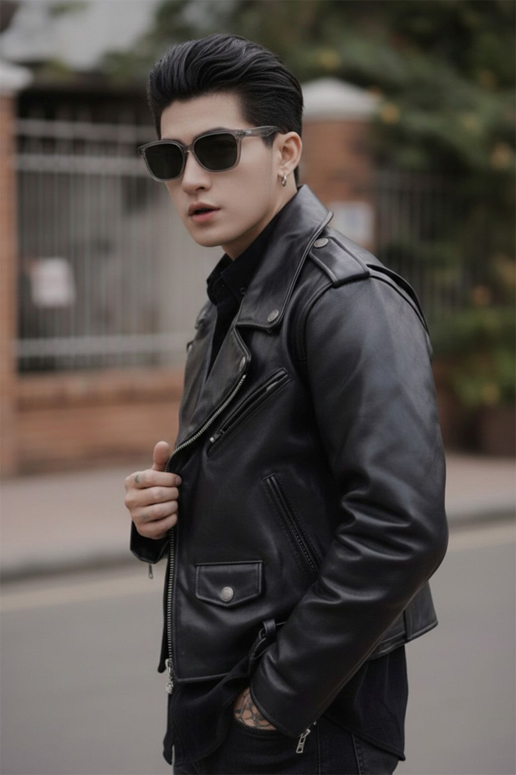 Man wearing a black leather jacket and Gentle Monster Gent BRC21 on a street.