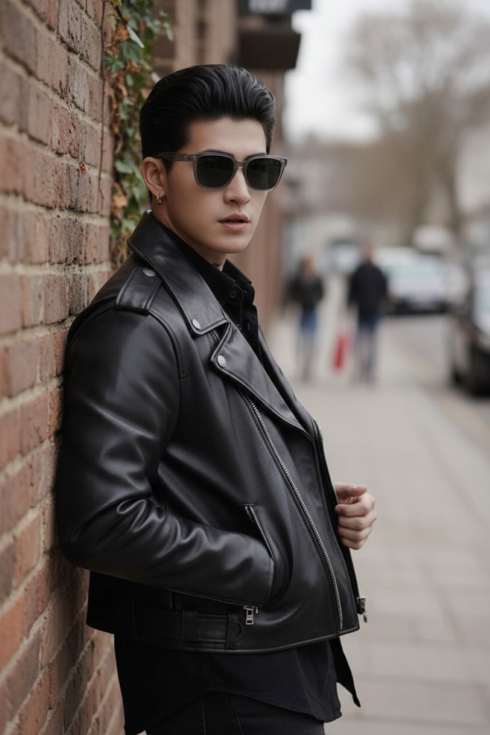 Man wearing a black leather jacket and Gentle Monster Gent BRC21 leaning against a brick wall.