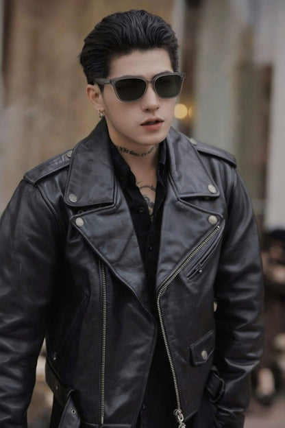 Person wearing a black leather jacket and Gentle Monster Gent BRC21 in an urban setting