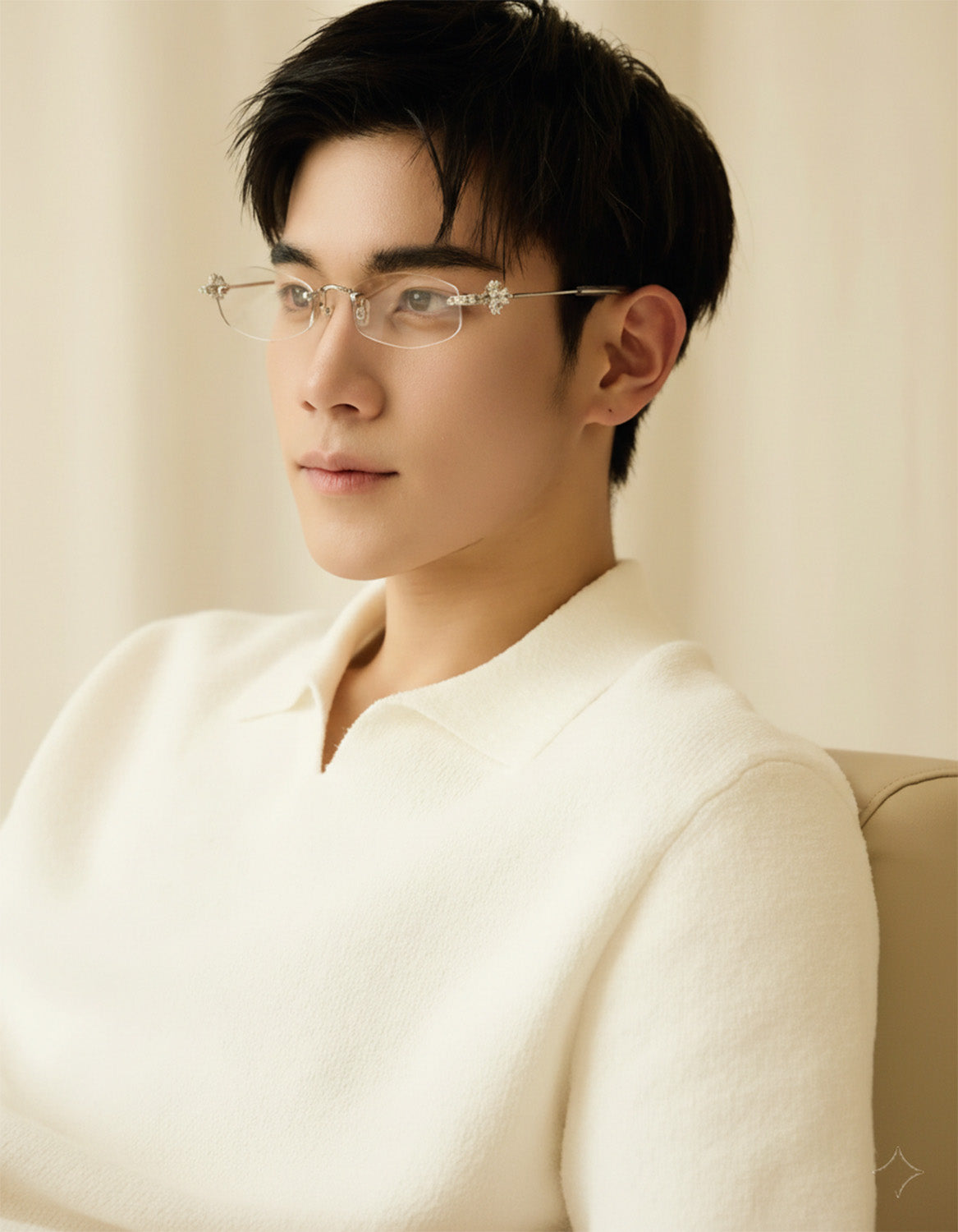 Man wearing Gentle Monster Glitz 02 and a white shirt against a beige background