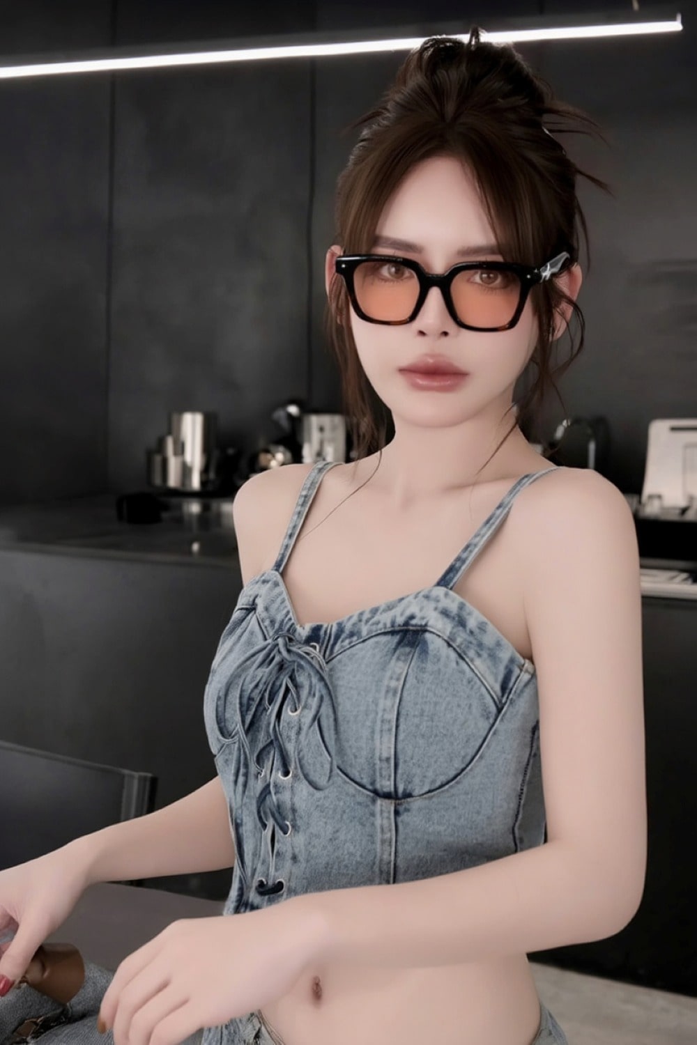 Woman wearing Gentle Monster - GM Alto 01(BR) and a denim dress in a kitchen setting