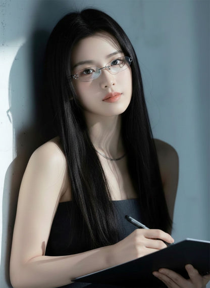 Woman with Gentle Monster Musubi 02 holding a pen and notebook against a gray background