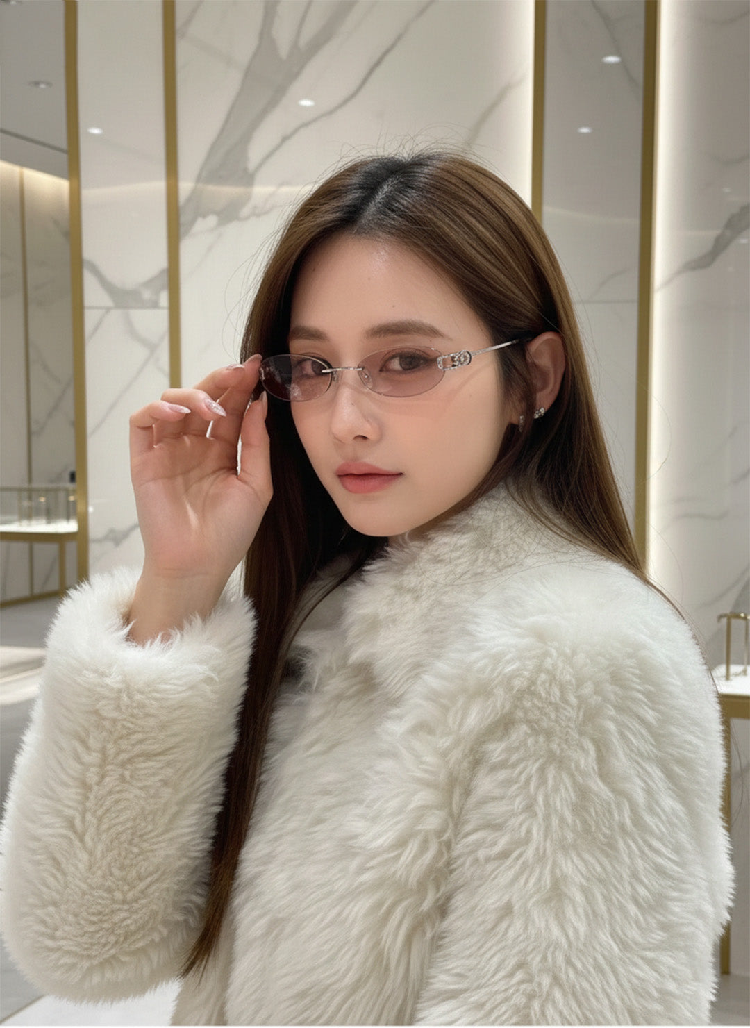 Woman wearing Gentle Monster Musubi 02(BRG) and a white fur coat in an indoor setting