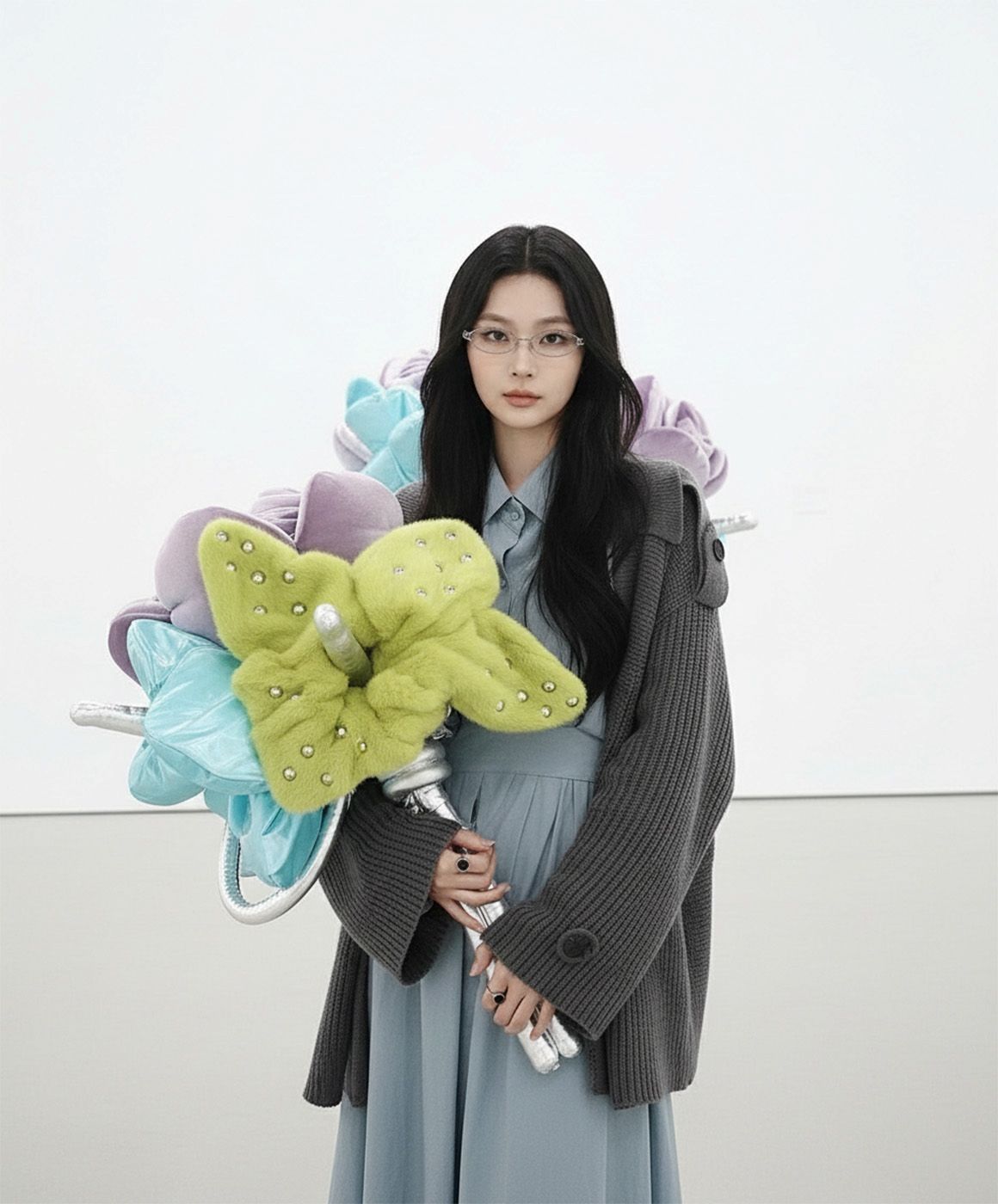 Woman holding colorful butterfly-shaped flowers & wearing Gentle Monster Origami 02 against a white background