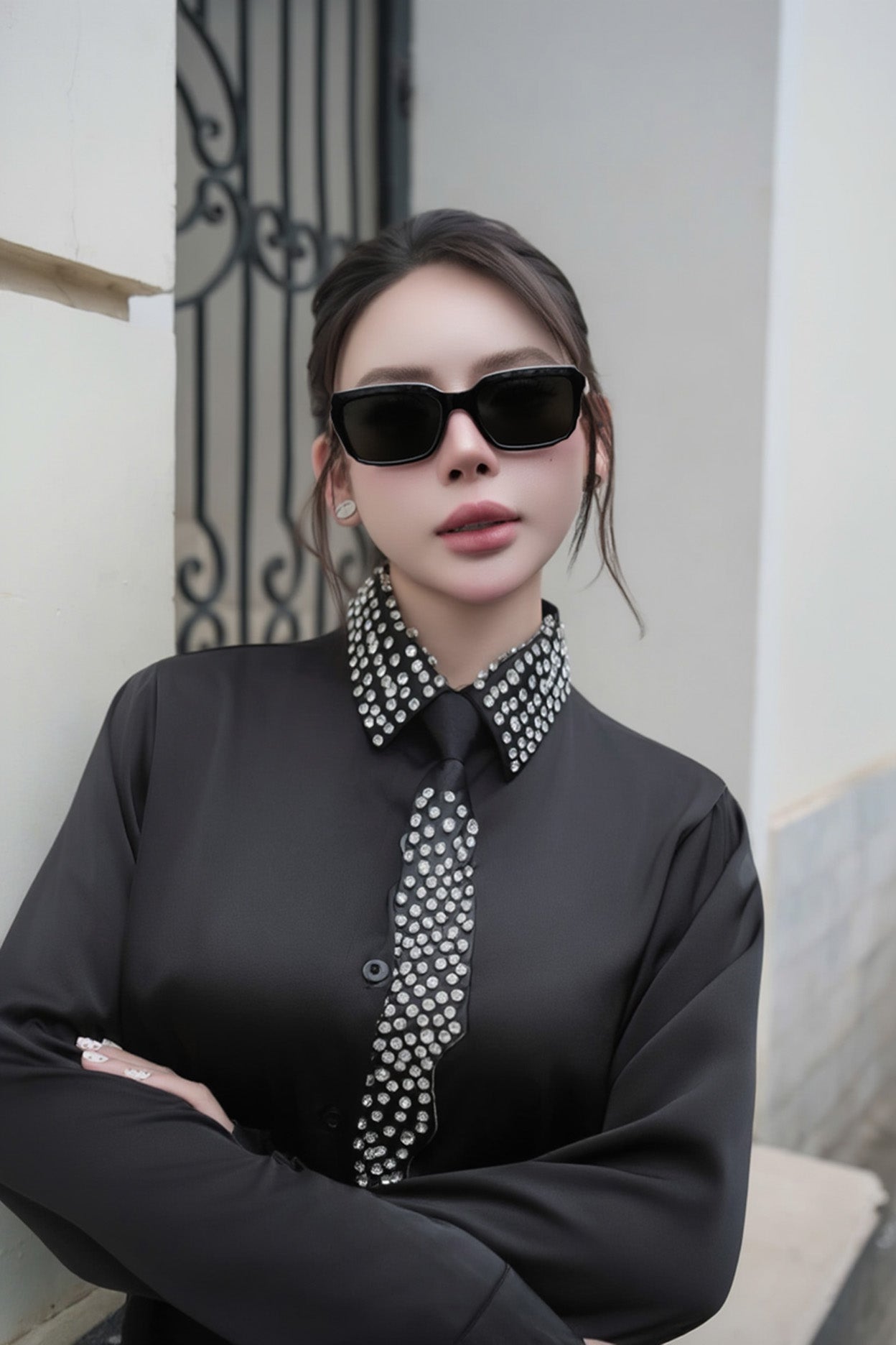 Person wearing a Gentle Monster Soho 01 in black outfit with a decorative collar in an indoor setting