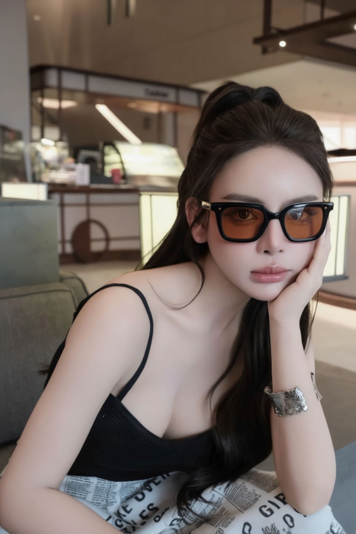 Woman wearing Gentle Monster Soho 01(BR) in a modern indoor setting