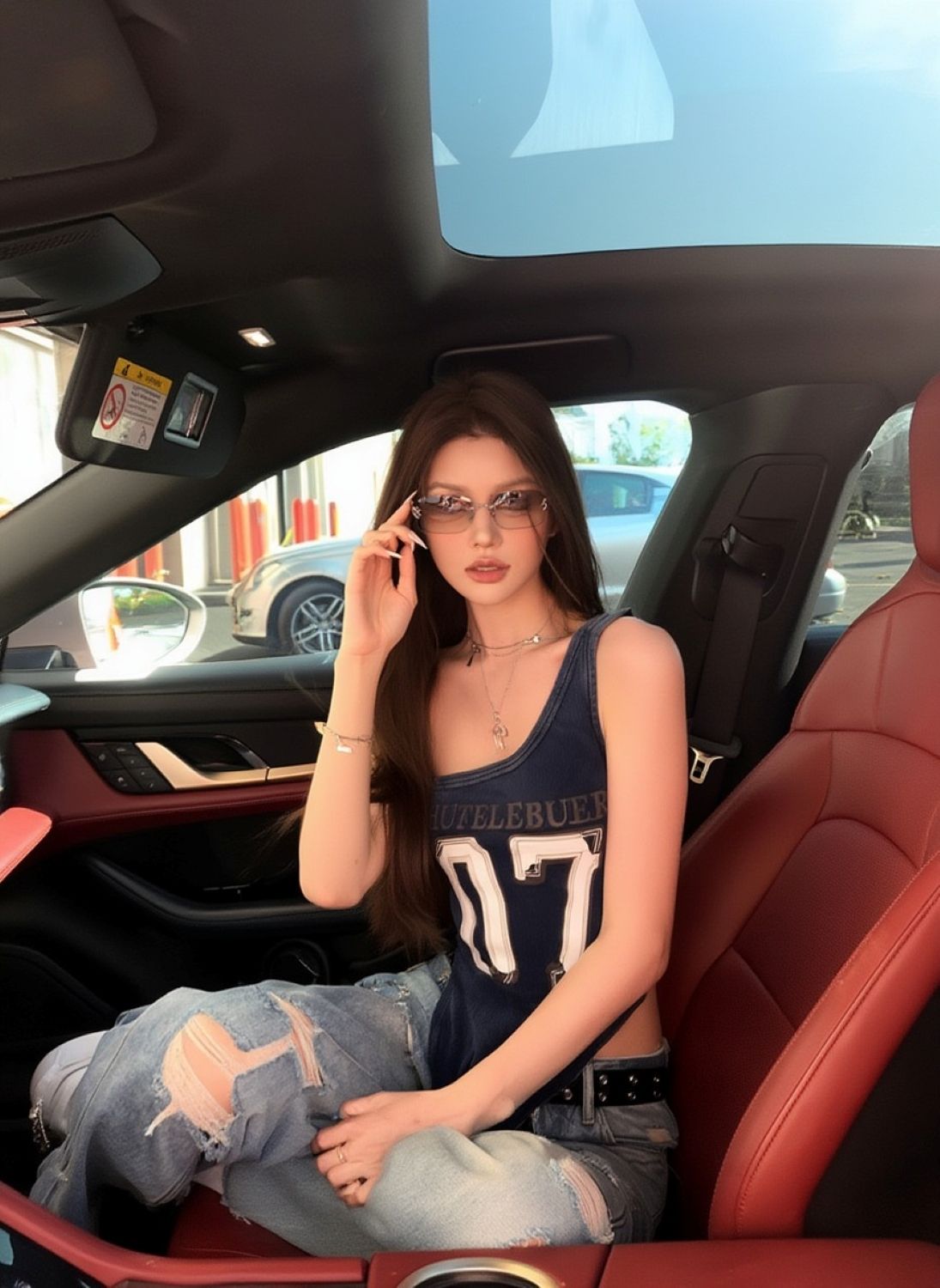 Woman sitting in a car, wearing Gentle Monster Tetra 02(BRM) Square Sunglasses talking on a phone with a blurred background