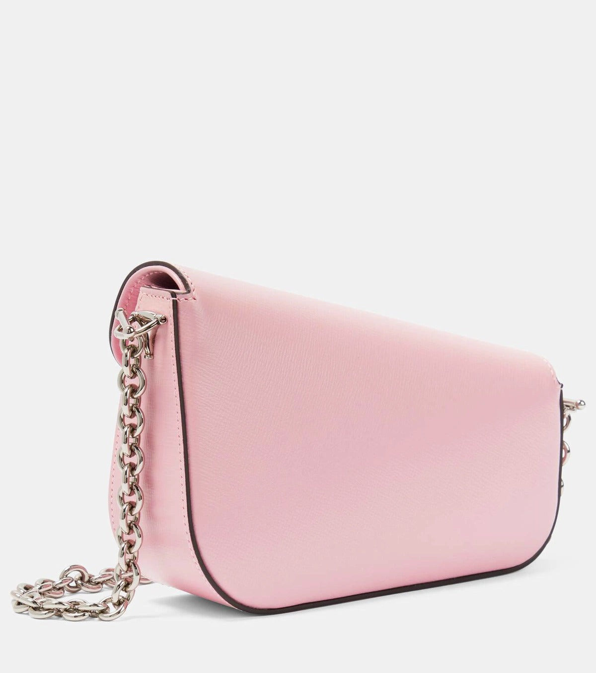 behind Gucci Asymmetrical Horsebit 1955 Mini Shoulder Bag Light Pink 774209-1DB0N-5823v with a chain detail on a white background