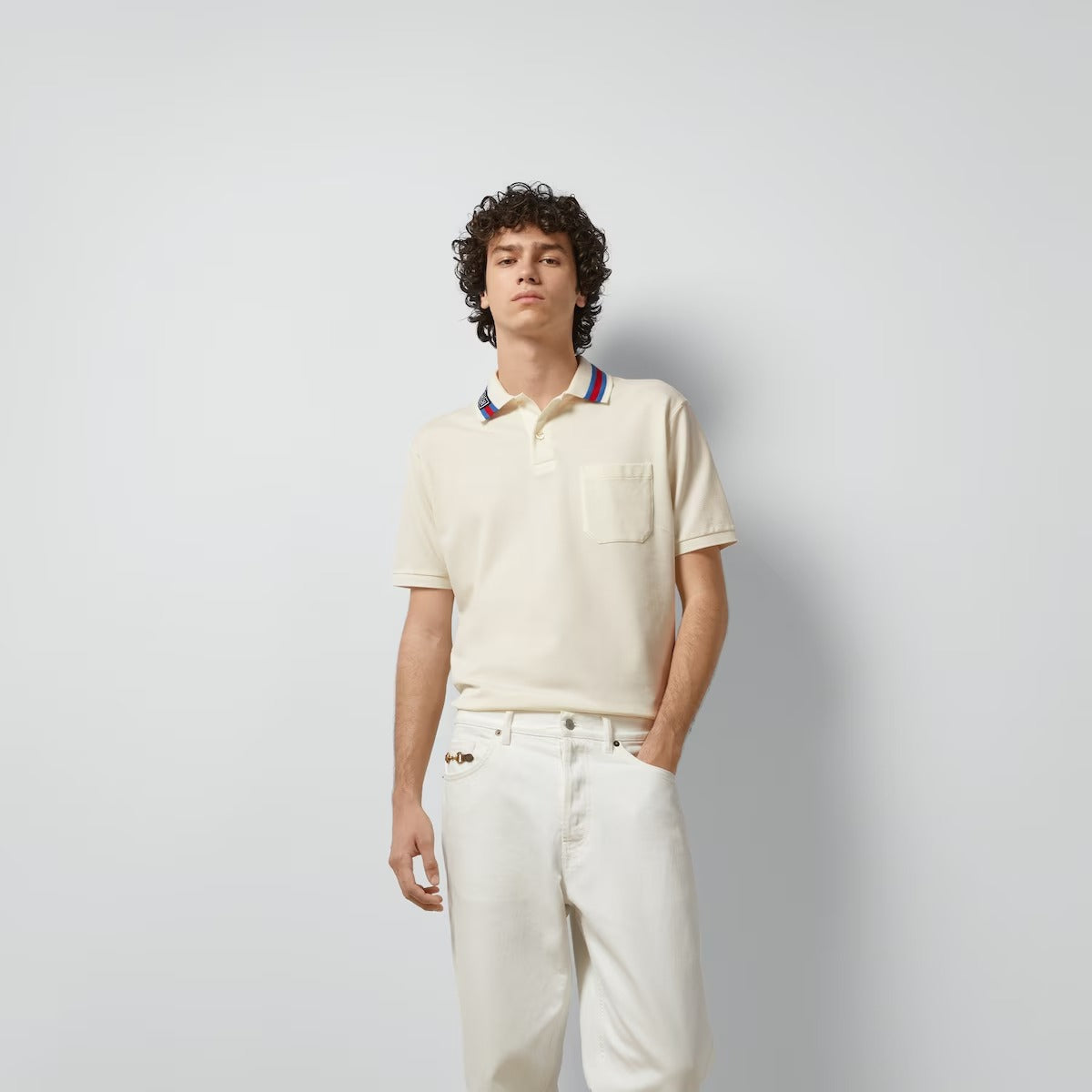 wearing GUCCI COTTON PIQUET POLO WITH SQUARE GG OFF WHITE 768630 XJF45 9733