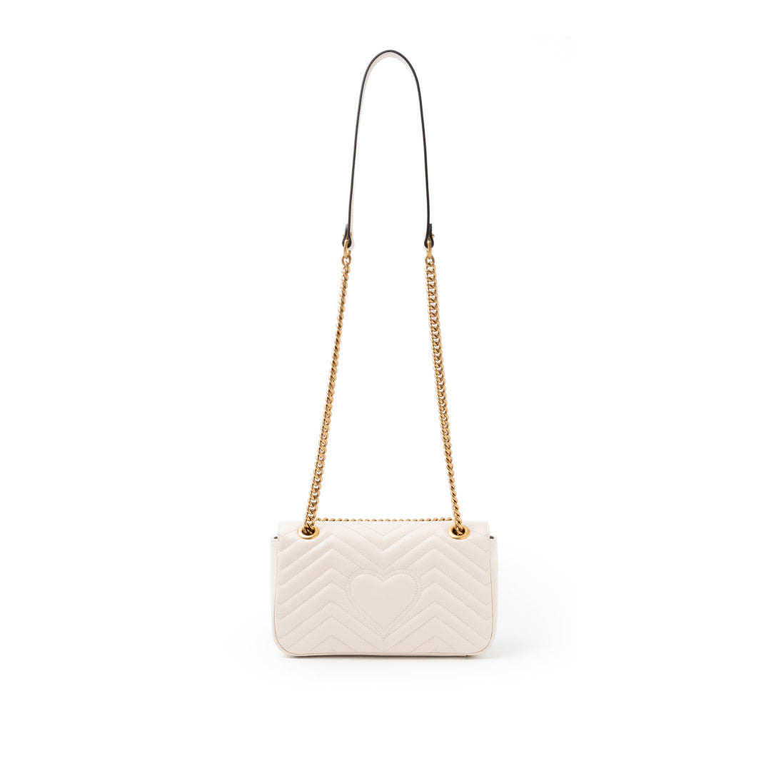 Gucci GG Marmont Medium Shoulder Bag White 443497 dtdit 9022 with a gold chain strap on a white background