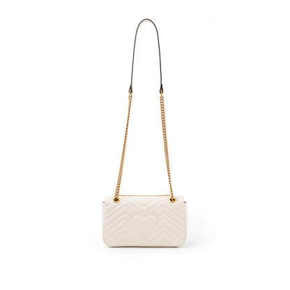 Gucci GG Marmont Medium Shoulder Bag White 443497 dtdit 9022 with a gold chain strap on a white background