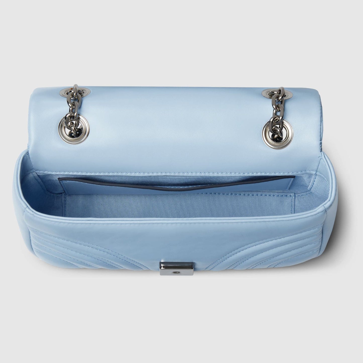 Gucci GG Marmont Small Shoulder Bag Light Blue Leather 837280 AAFA1 4928 with silver chains on a white background