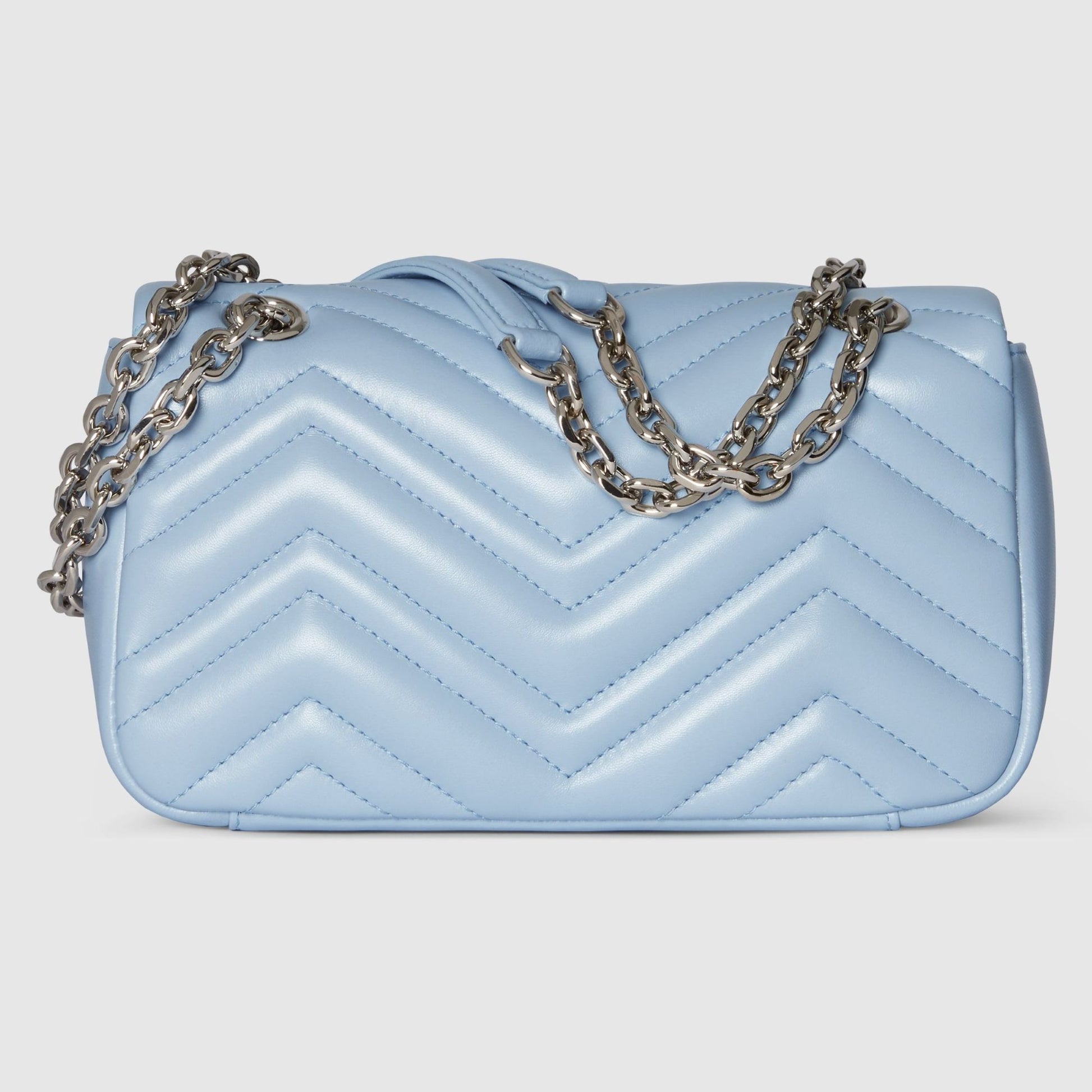 Gucci GG Marmont Small Shoulder Bag Light Blue Leather 837280 AAFA1 4928 with a chain detail on a light gray background