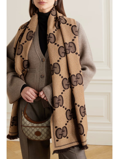 khăn quàng choàng GUCCI GG WOOL JACQUARD SCARF BEIGE AND DARK BROWN 598993 3GC15 9764 Authentic tại BlankRoom Hà Nội, Việt Nam