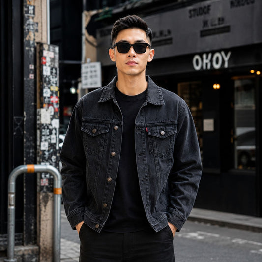 A man wearing a Gucci GG0001SN Black Rectangular Sunglasses in black washed denim jacket over a black t-shirt and black pants, standing on a city street in front of a storefront with 'OHAYI' visible on the sign.