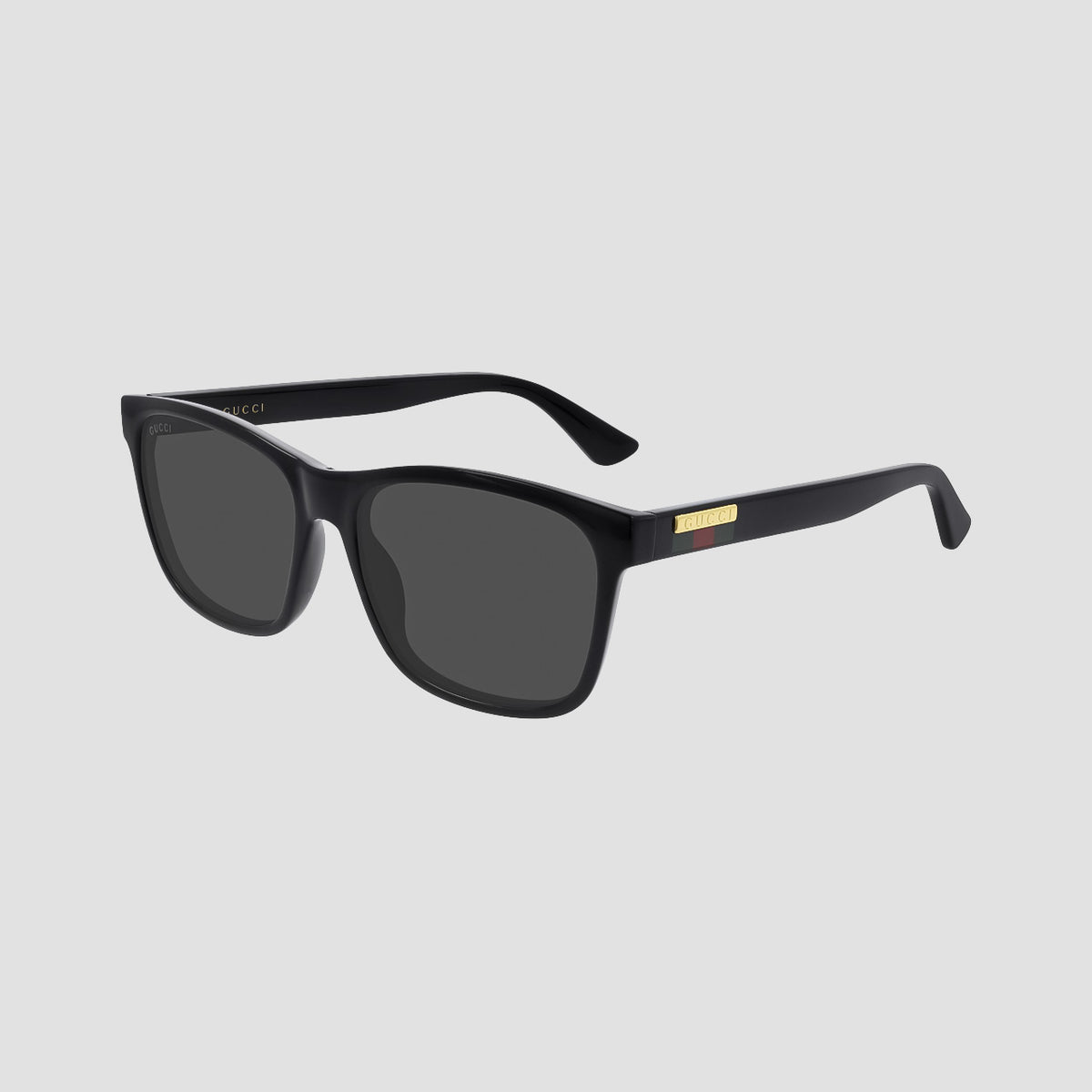 Gucci GG0746S Black Square Sunglasses with dark lenses and a small gold metal accent on the temple, shown on a plain white background.
