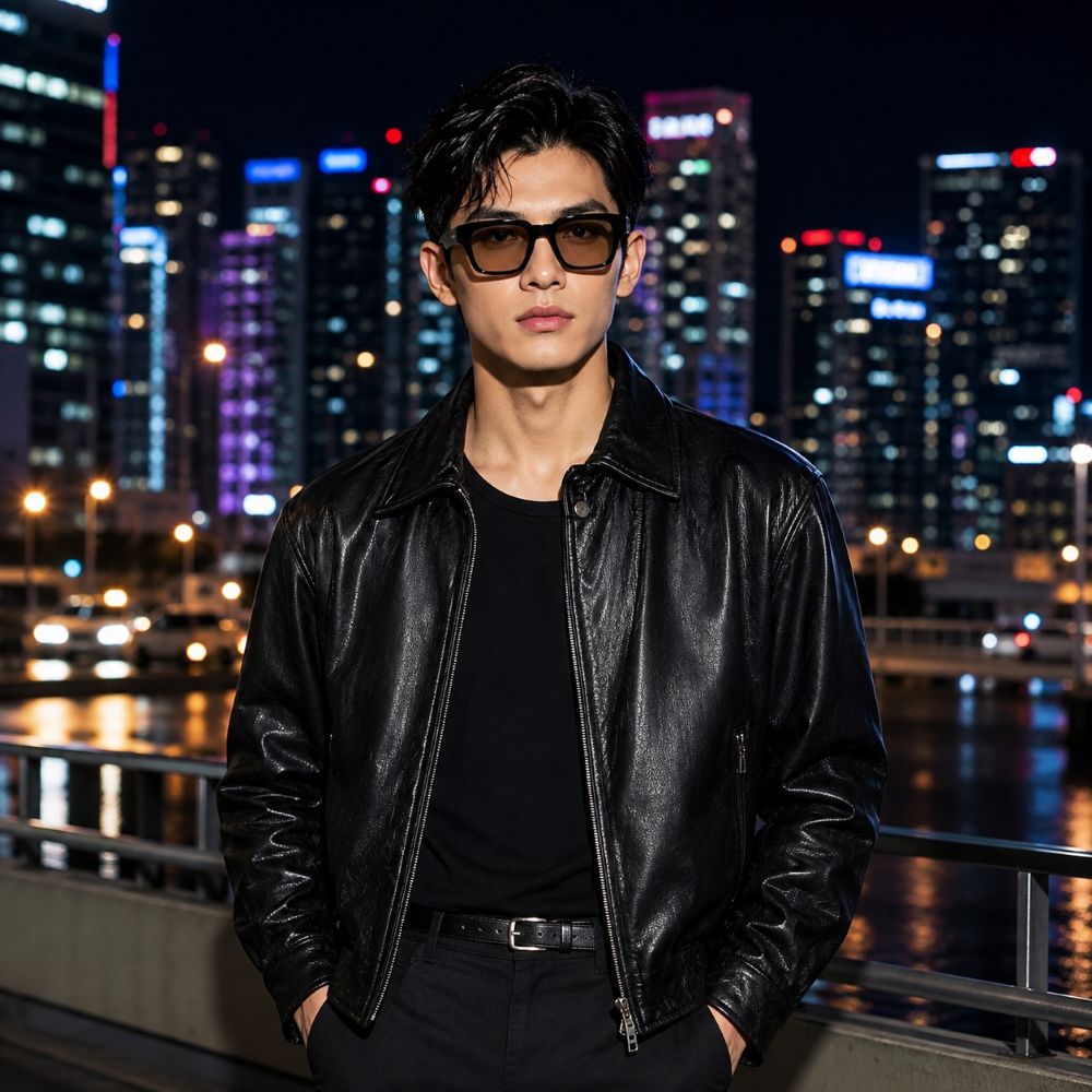 A man wearing a black leather jacket, black t-shirt, black pants, and Gucci GG0963O 005 Khaki Black Square Eyeglasses stands in front of a vibrant city skyline at night.