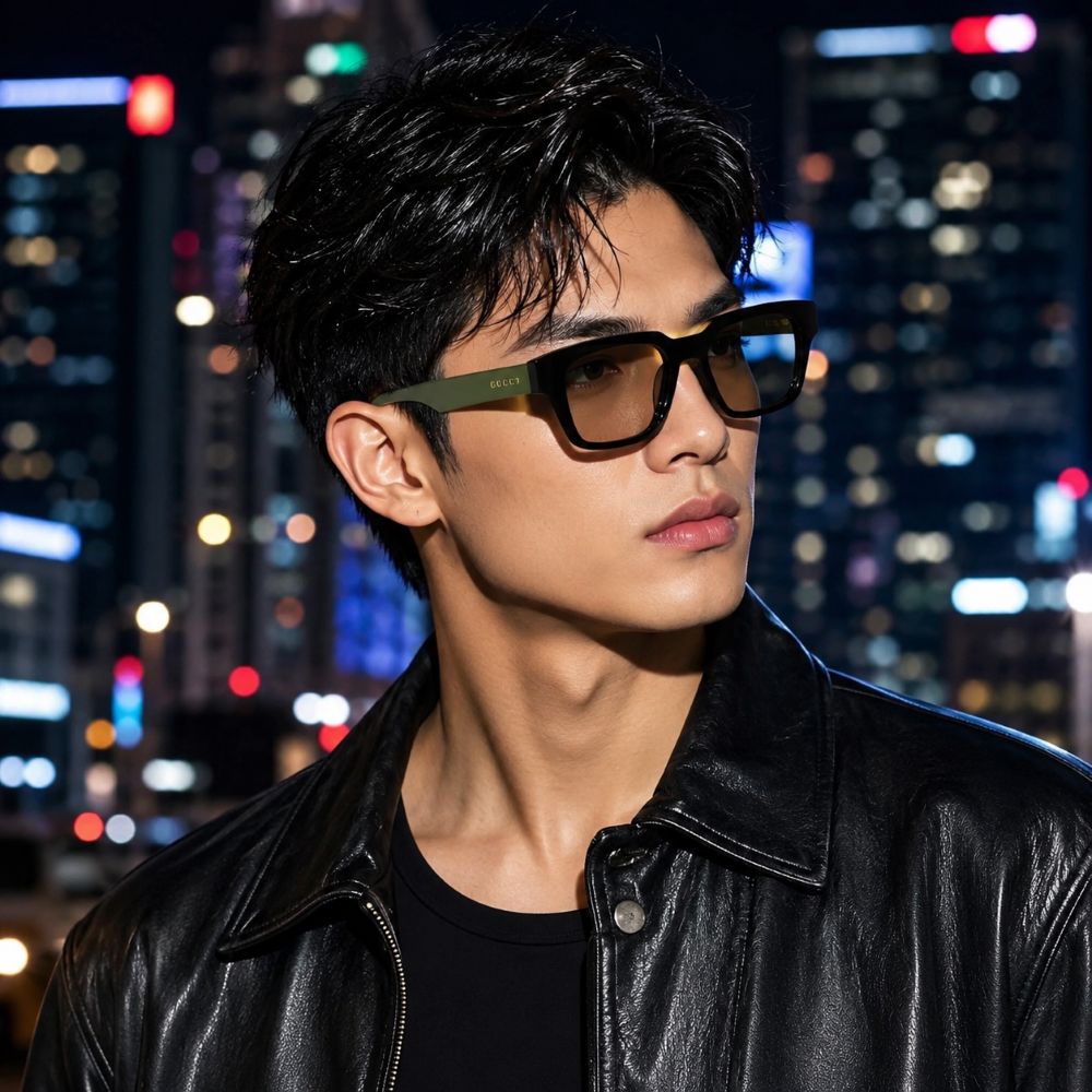 A man wearing Gucci GG0963O 005 Khaki Black Square Eyeglasses with olive green temples and tinted lenses, styled with a black leather jacket against a blurred city skyline at night.