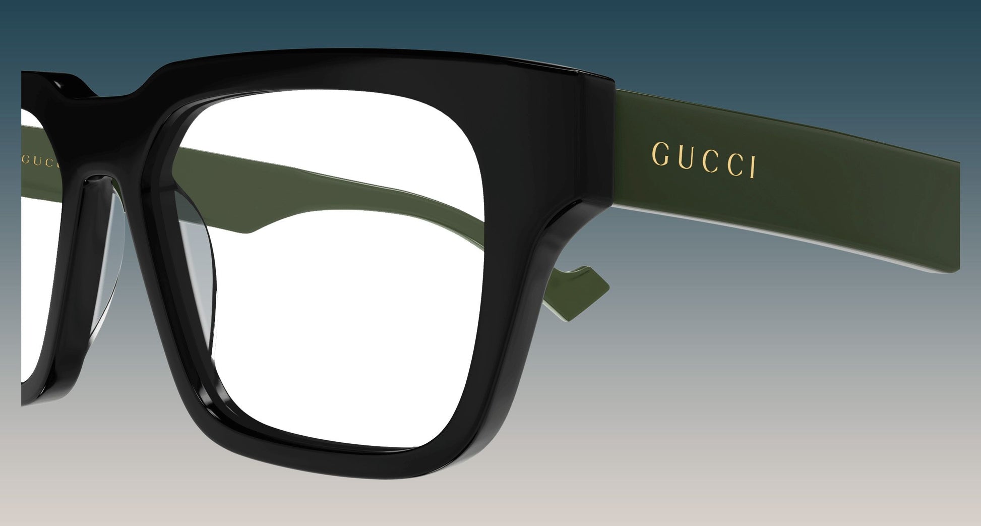 Gucci GG0963O 005 Khaki Black Square Eyeglasses with a glossy black front frame and olive green temples featuring the gold GUCCI logo.
