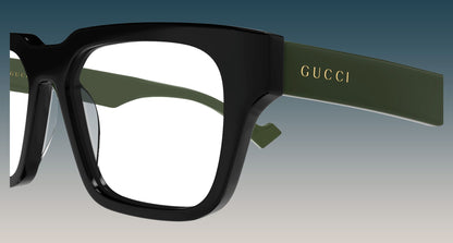 Gucci GG0963O 005 Khaki Black Square Eyeglasses with a glossy black front frame and olive green temples featuring the gold GUCCI logo.