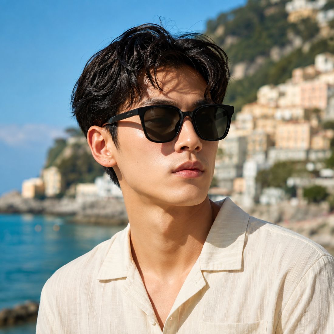 A man wearing Gucci GG1346SK 001 Black Square Oversize Sunglasses and a light beige linen shirt, photographed outdoors with a coastal town and blue sea in the background.