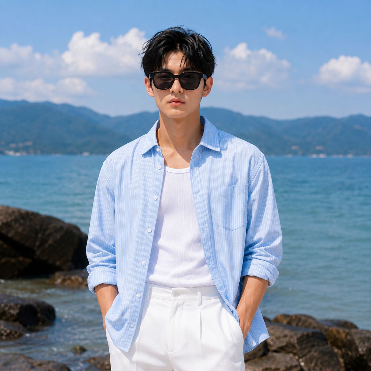 A man wearing a Gucci GG1430SK 001 Black Squared Sunglasses in light blue and white striped button-down shirt over a white t-shirt and white pants, standing on a rocky beach with the ocean and mountains in the background.
