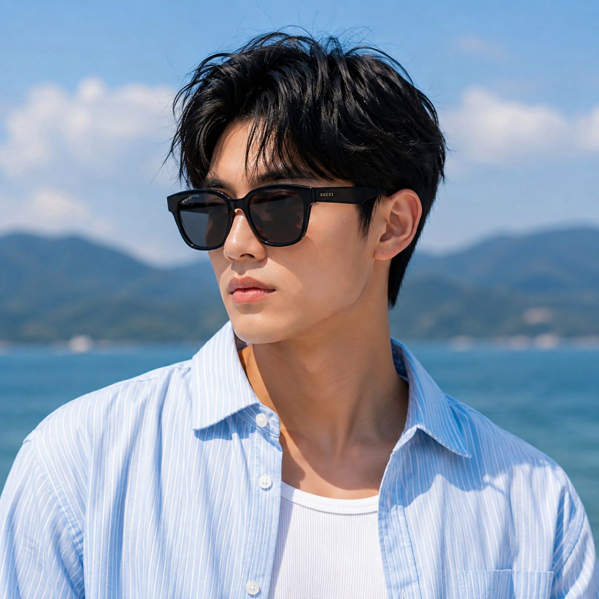 A man wearing Gucci GG1430SK 001 Black Squared Sunglasses with a thin gold metal frame and a blue-and-white striped button-up shirt, photographed outdoors with a sea and mountain background.