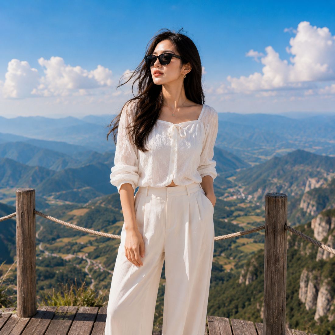 A woman wearing a Gucci GG1430SK 001 Black Squared Sunglasses in white long-sleeve blouse and matching white wide-leg trousers stands on a wooden viewing platform overlooking a vast mountain valley under a blue sky with clouds.
