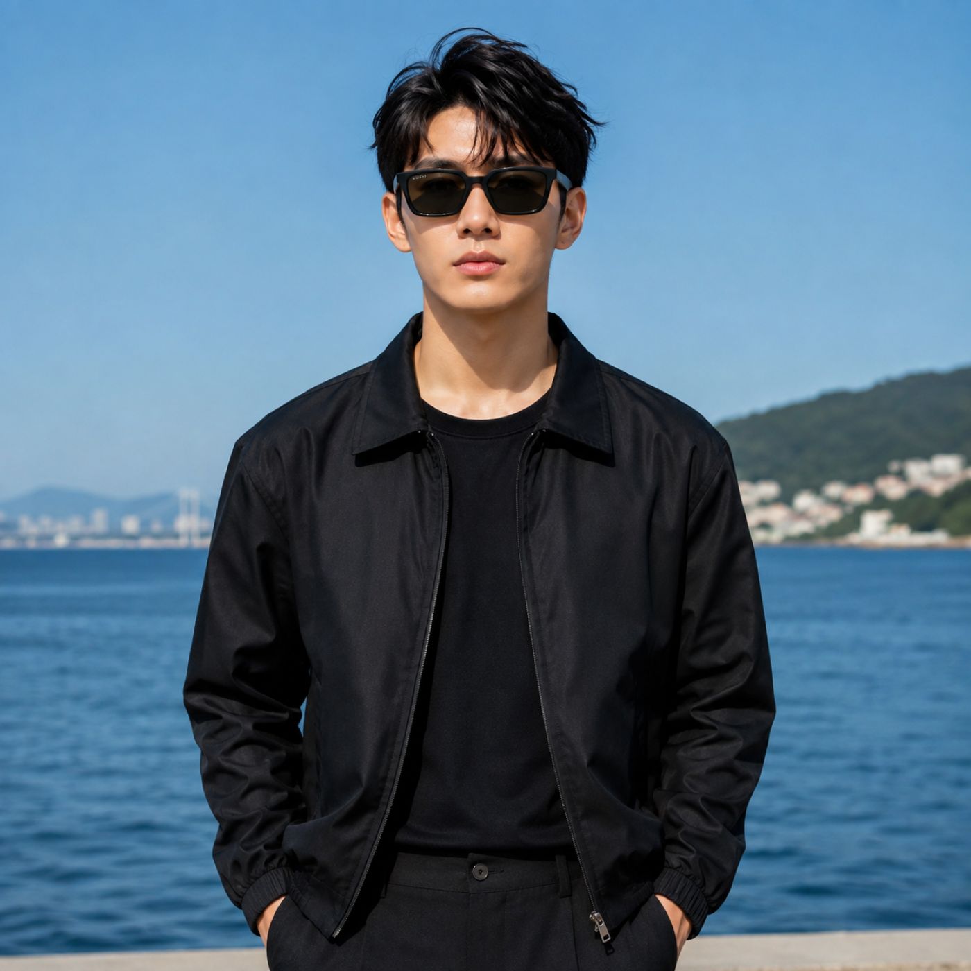 A man wearing a black zip-up jacket, black t-shirt, and Gucci GG1539S 001 Black Rectangular Sunglasses stands in front of a scenic ocean background with a clear blue sky.