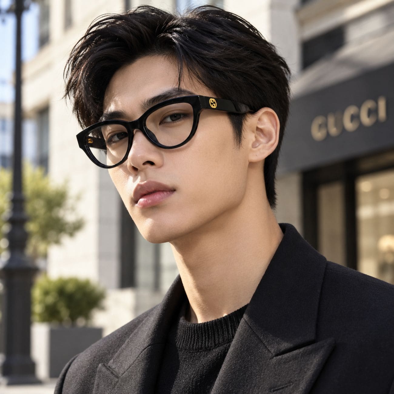 A man wearing Gucci GG1581O Black Cat-Eye Eyeglasses with a small gold logo accent on the temple, photographed outdoors in front of a blurred Gucci storefront.