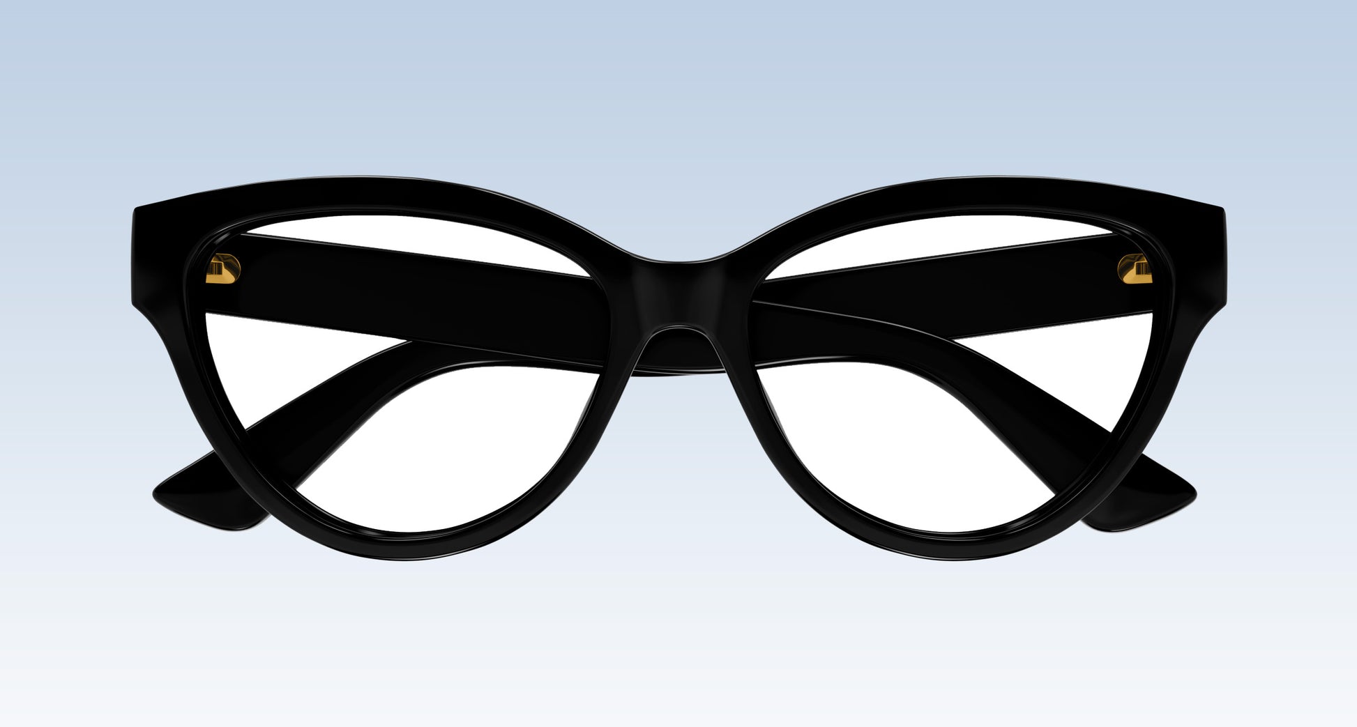 Gucci GG1581O Black Cat-Eye Eyeglasses with gold metal rivets on the temples, shown against a light blue gradient background.