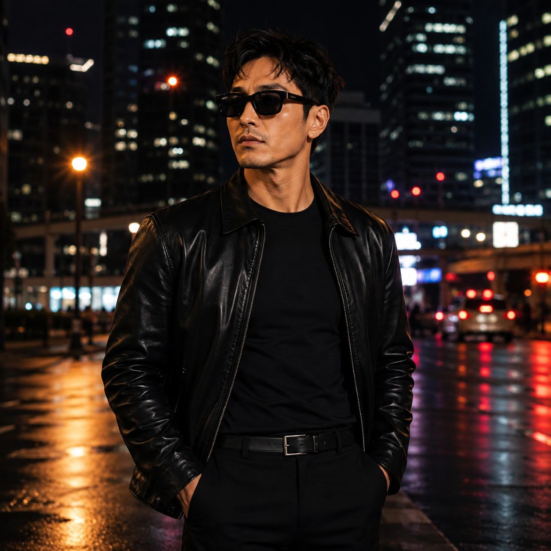 A man wearing a black leather jacket, black t-shirt, black pants, and Gucci GG1583S 001 Black Squared Sunglasses stands on a wet city street at night with blurred skyscrapers and streetlights in the background.