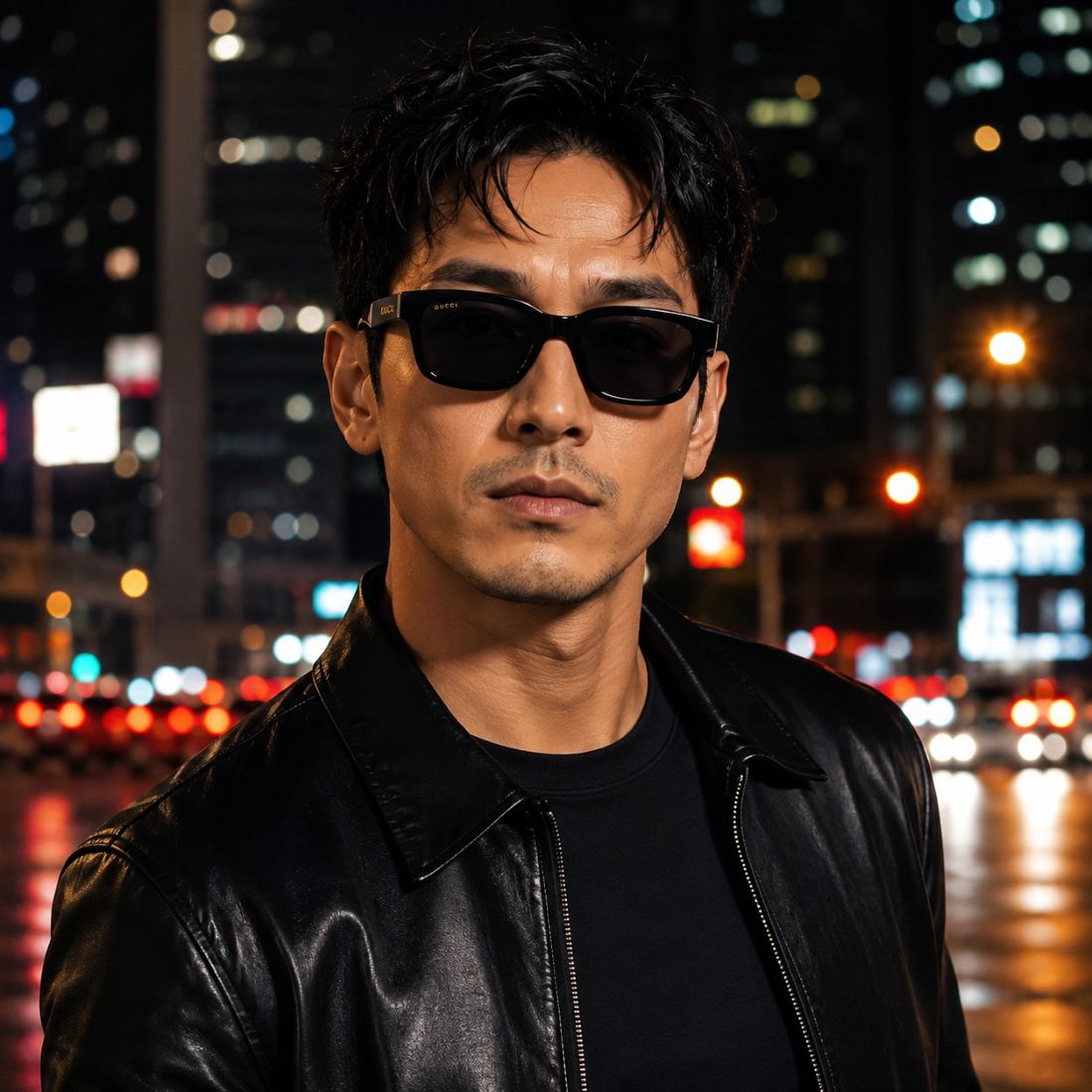 A man wearing Gucci GG1583S 001 Black Squared Sunglasses and a black leather jacket stands against a blurred nighttime city street background with lights and reflections.